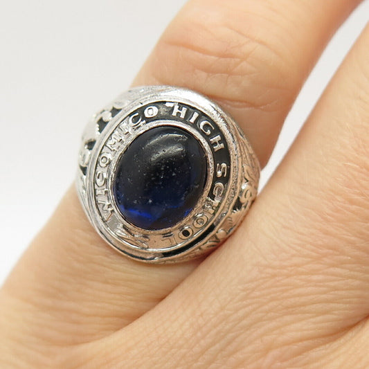 925 Sterling Silver Vintage Blue C Z Mass School Ring Size 4 3/4