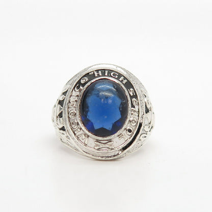 925 Sterling Silver Vintage Blue C Z Mass School Ring Size 4 3/4