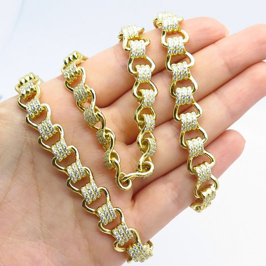 925 Sterling Silver Gold Plated Pave C Z Modernist Chain Necklace 24"