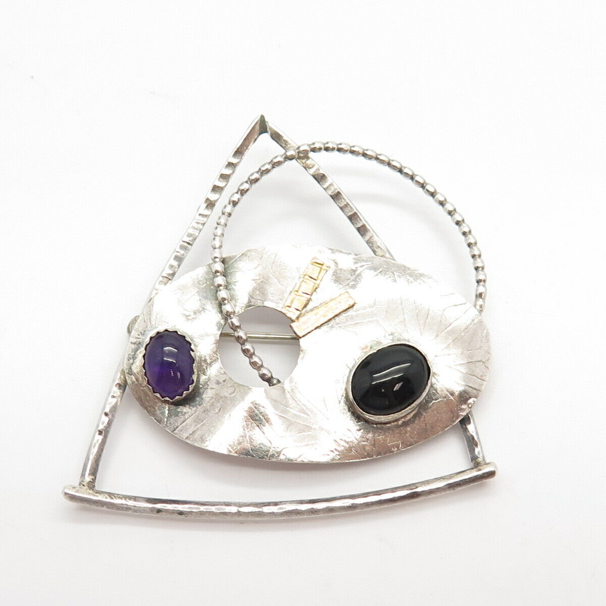 925 Sterling Silver / 14K Vintage Real Amethyst & Black Onyx Gem Pin Brooch