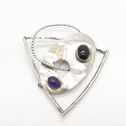 925 Sterling Silver / 14K Vintage Real Amethyst & Black Onyx Gem Pin Brooch