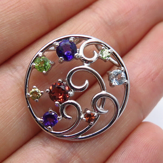 925 Sterling Silver Vintage Real Multi-Color Gem Swirl Round Slide Pendant