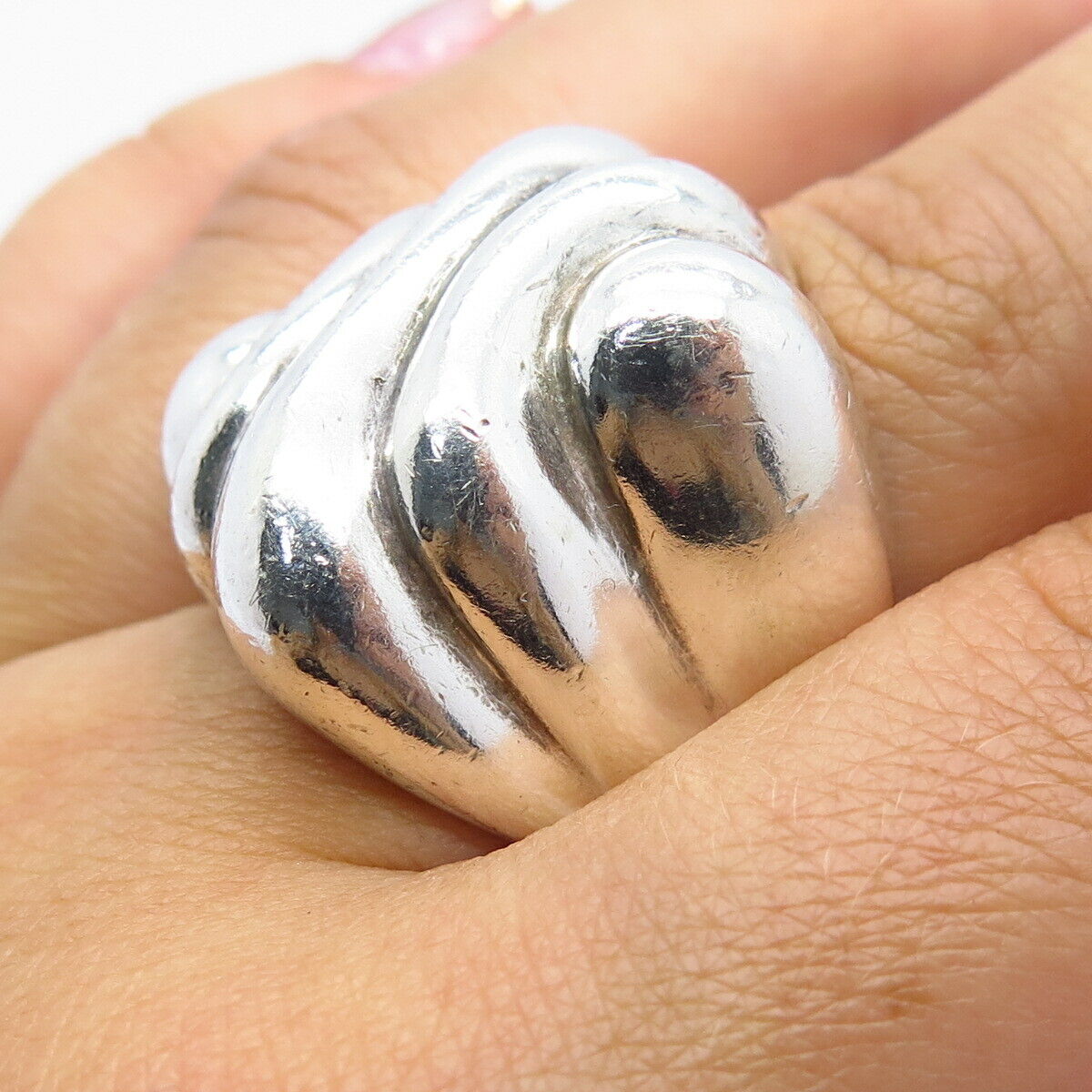 925 Sterling Silver Vintage Mexico Ribbed Wide Ring Size 6.5