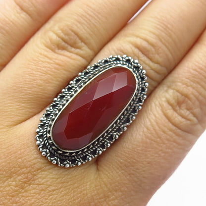 925 Sterling Silver Vintage Real Carnelian Gemstone Statement Ring Size 7 1/4