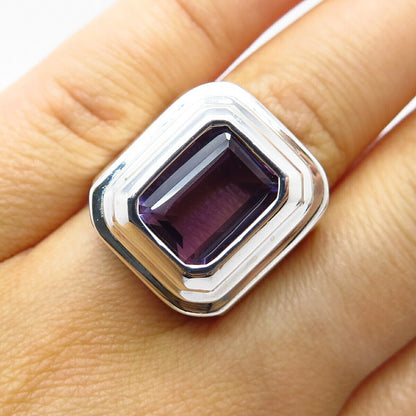 925 Sterling Silver Vintage Real Amethyst Gemstone Wide Ring Size 5 1/4