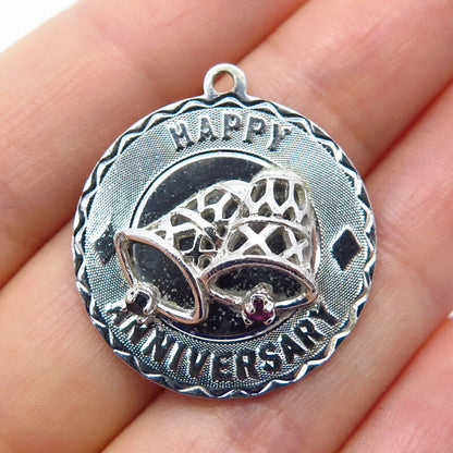 925 Sterling Silver Vintage Jewelart C Z "Happy Anniversary" Bells Round Pendant