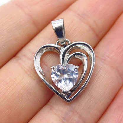 925 Sterling Silver Vintage Round-Cut C Z Heart Pendant