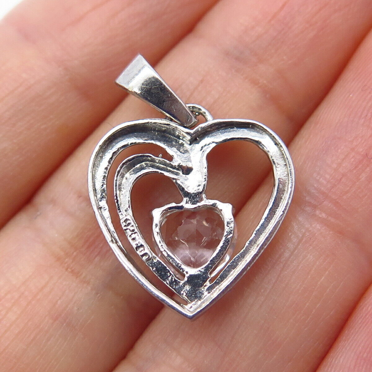 925 Sterling Silver Vintage Round-Cut C Z Heart Pendant