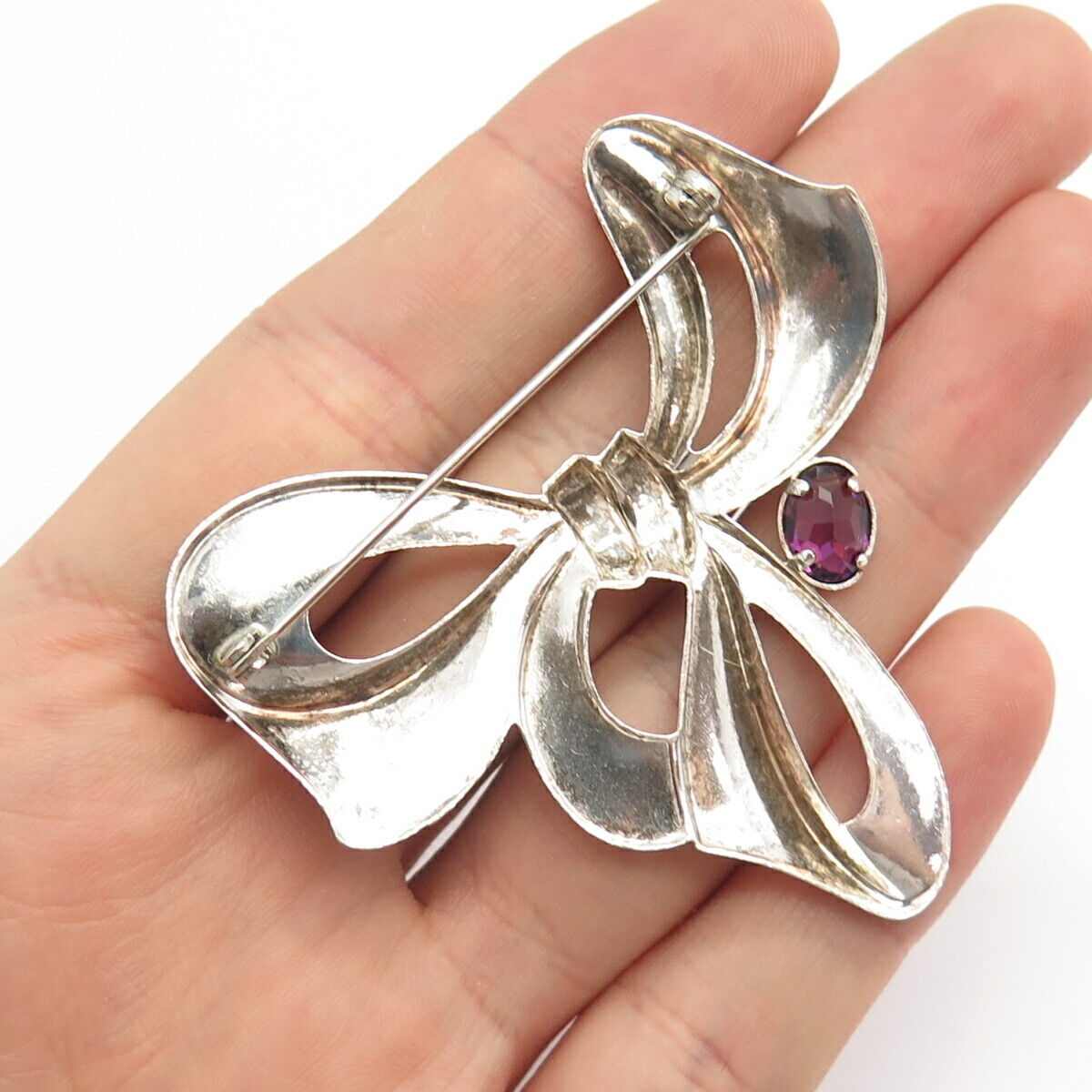 925 Sterling Silver Vintage Real Amethyst Gem Bow Tie Pin Brooch