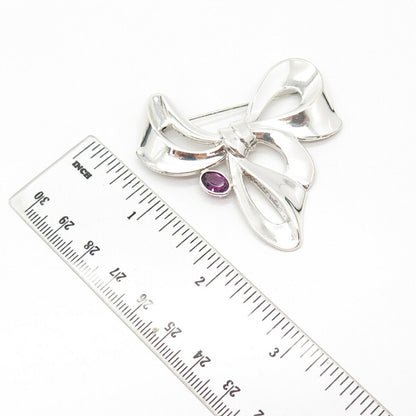 925 Sterling Silver Vintage Real Amethyst Gem Bow Tie Pin Brooch