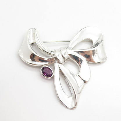 925 Sterling Silver Vintage Real Amethyst Gem Bow Tie Pin Brooch