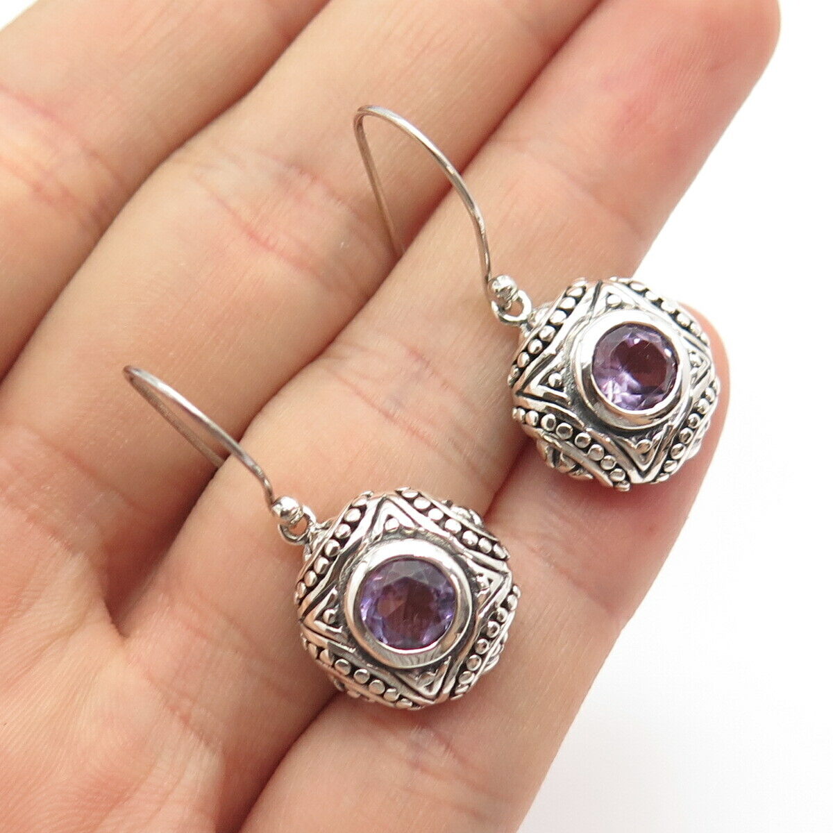 925 Sterling Silver Vintage Real Amethyst Gemstone Round Dangling Earrings