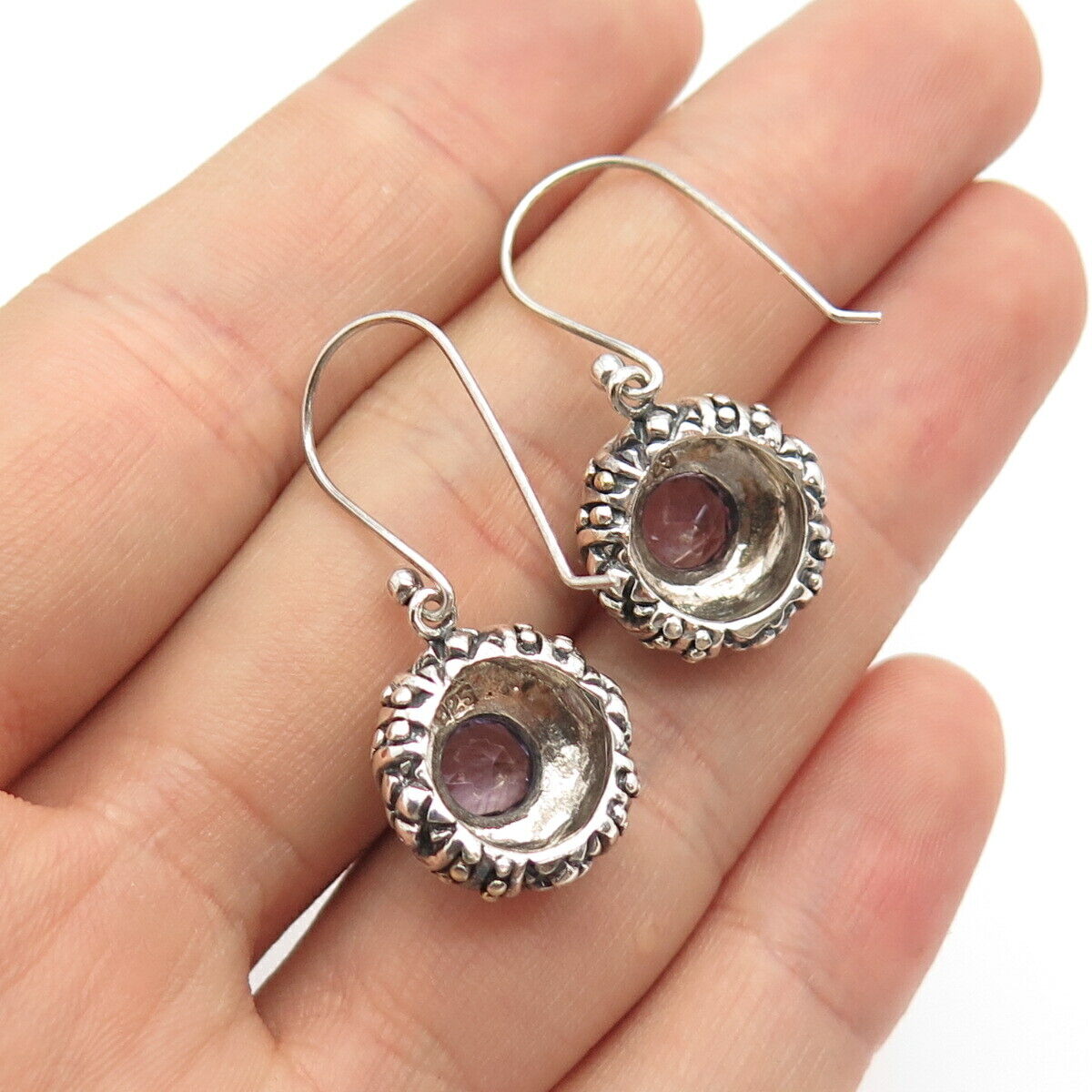 925 Sterling Silver Vintage Real Amethyst Gemstone Round Dangling Earrings