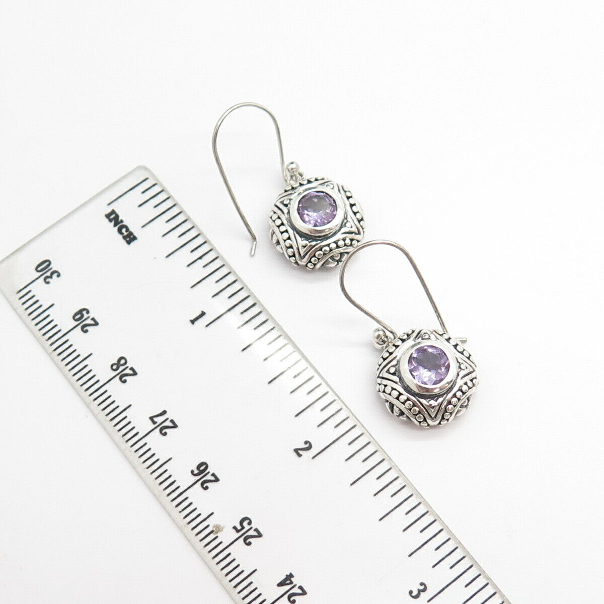 925 Sterling Silver Vintage Real Amethyst Gemstone Round Dangling Earrings