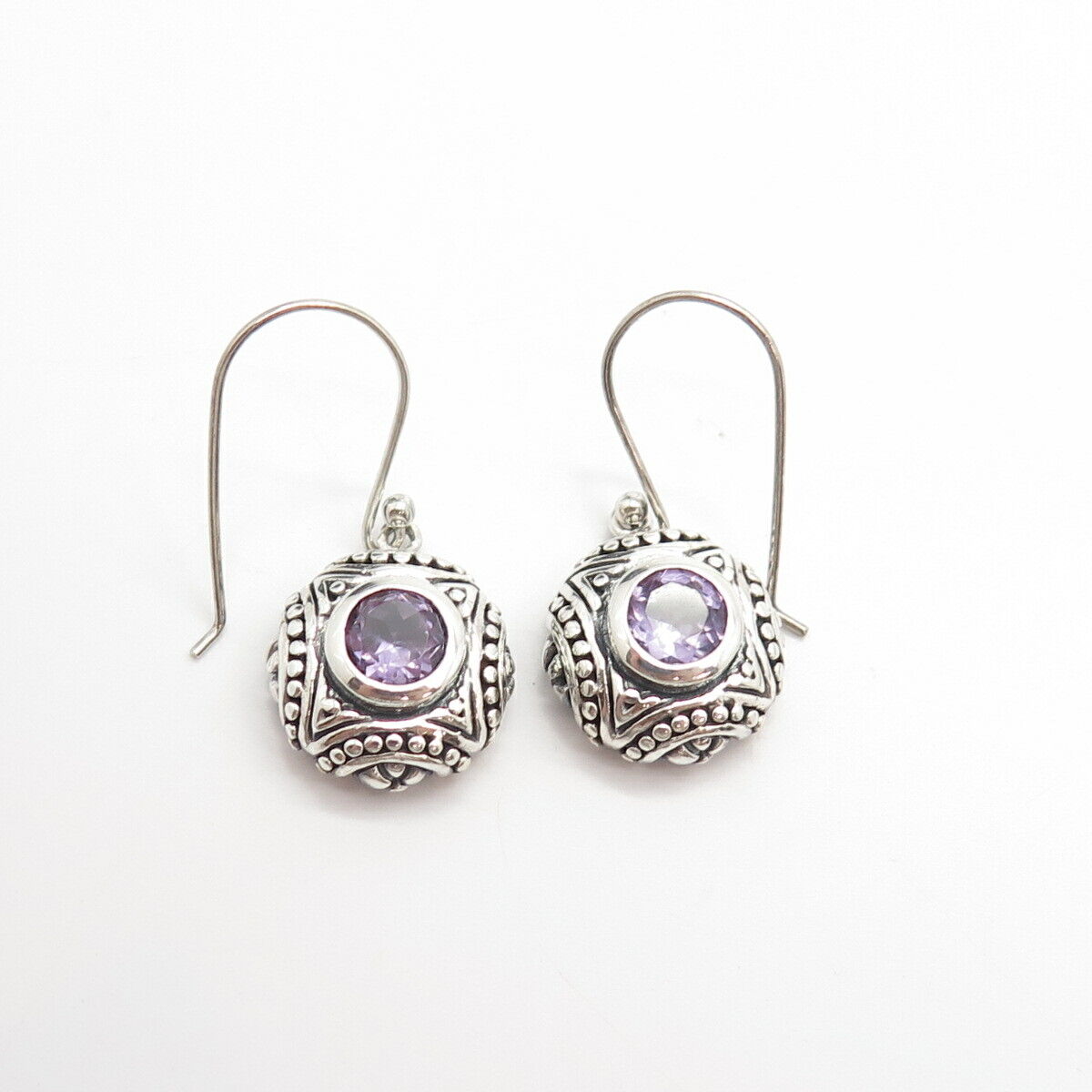 925 Sterling Silver Vintage Real Amethyst Gemstone Round Dangling Earrings