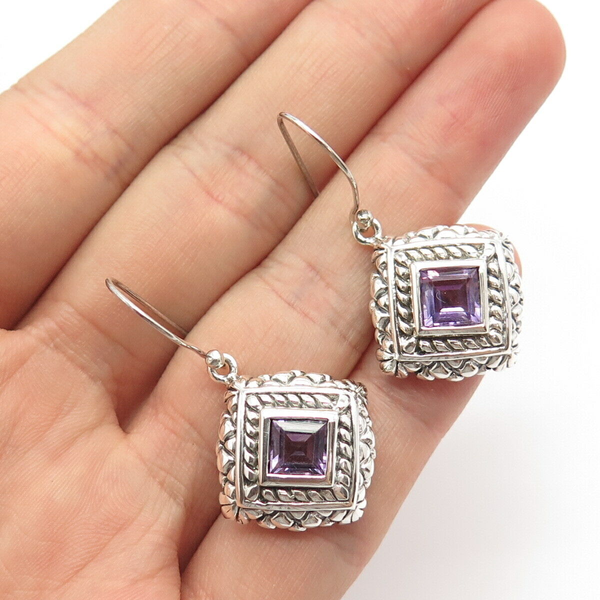 925 Sterling Silver Vintage Real Amethyst Gemstone Rhombus Dangling Earrings