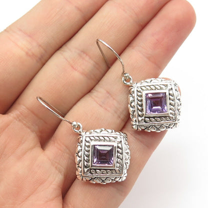 925 Sterling Silver Vintage Real Amethyst Gemstone Rhombus Dangling Earrings