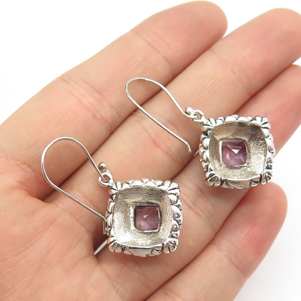 925 Sterling Silver Vintage Real Amethyst Gemstone Rhombus Dangling Earrings