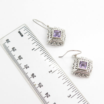 925 Sterling Silver Vintage Real Amethyst Gemstone Rhombus Dangling Earrings