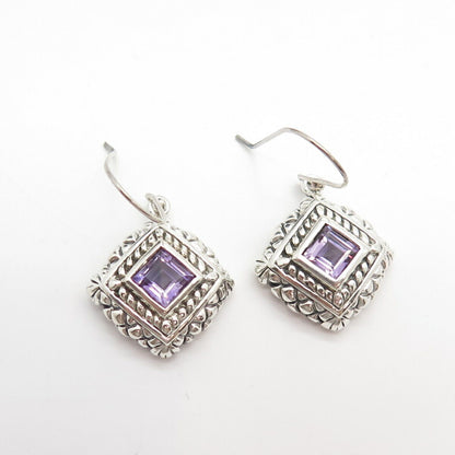 925 Sterling Silver Vintage Real Amethyst Gemstone Rhombus Dangling Earrings