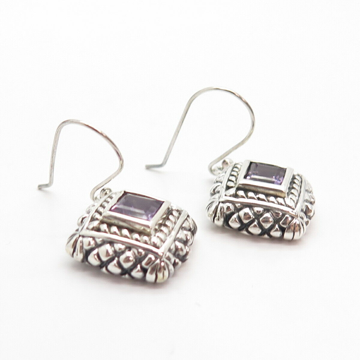 925 Sterling Silver Vintage Real Amethyst Gemstone Rhombus Dangling Earrings