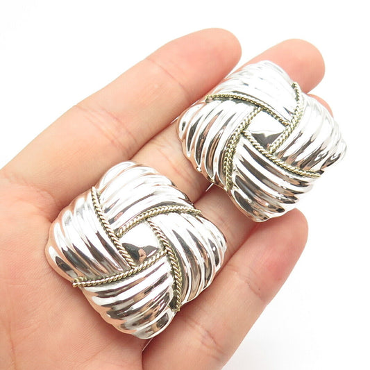 925 Sterling Silver 2-Tone Vintage Mexico Laton Square Clip On Earrings