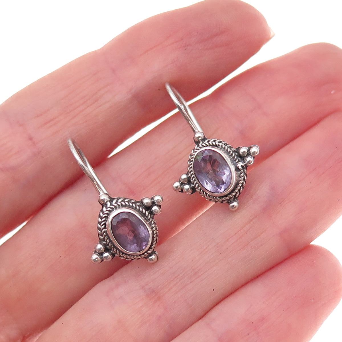 925 Sterling Silver Vintage Real Amethyst Beaded Oxidized Earrings