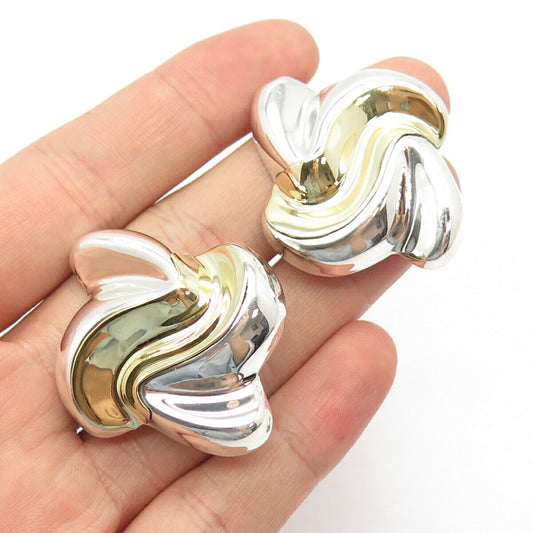 925 Sterling Silver 2-Tone Vintage Mexico Laton Modernist Clip On Earrings