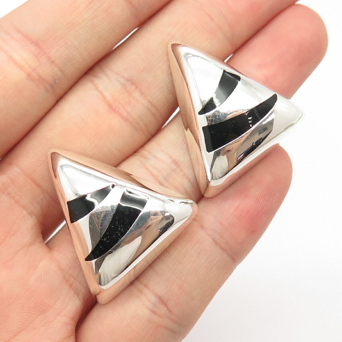 925 Sterling Silver Vintage Mexico Real Black Onyx Gem Triangle Earrings