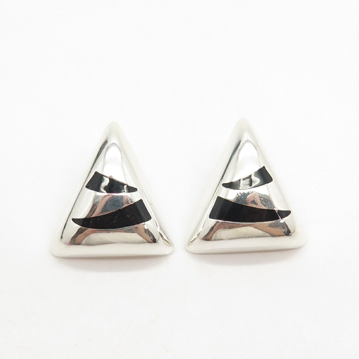 925 Sterling Silver Vintage Mexico Real Black Onyx Gem Triangle Earrings