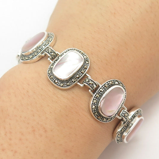 925 Sterling Silver Vintage Mother-of-Pearl & Marcasite Gem Link Bracelet 7"