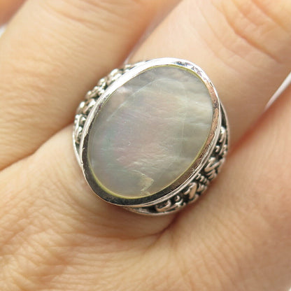 925 Sterling Silver Vintage Real Mother-of-Pearl Signet Ring Size 7