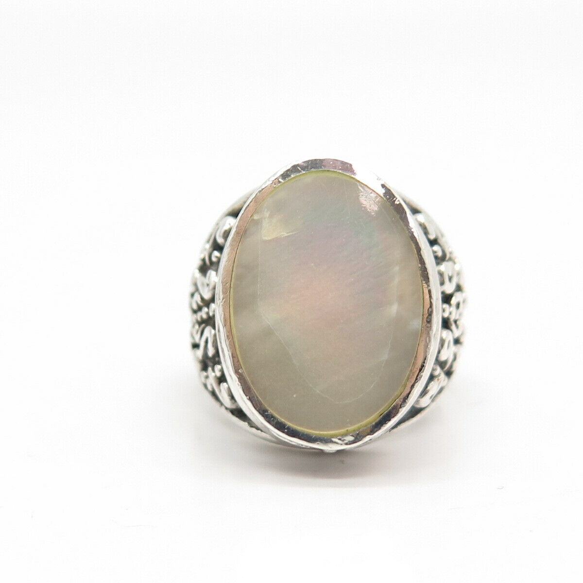 925 Sterling Silver Vintage Real Mother-of-Pearl Signet Ring Size 7