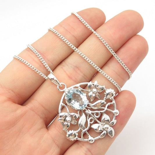 925 Sterling Silver Vintage Blue Topaz Gem Floral Cable Chain Necklace 18"