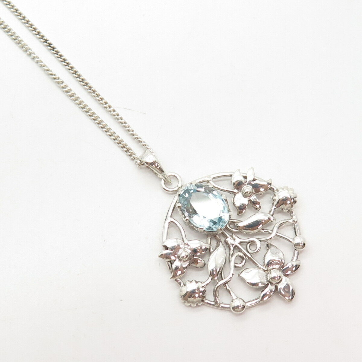 925 Sterling Silver Vintage Blue Topaz Gem Floral Cable Chain Necklace 18"