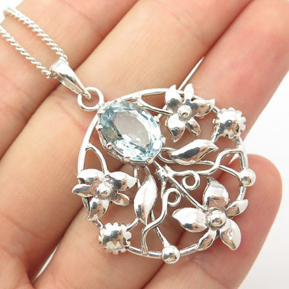 925 Sterling Silver Vintage Blue Topaz Gem Floral Cable Chain Necklace 18"