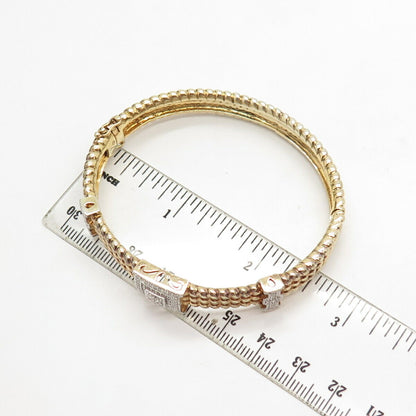 925 Sterling Silver Gold Plated Vintage C Z Twisted Hinged Bangle Bracelet 6"