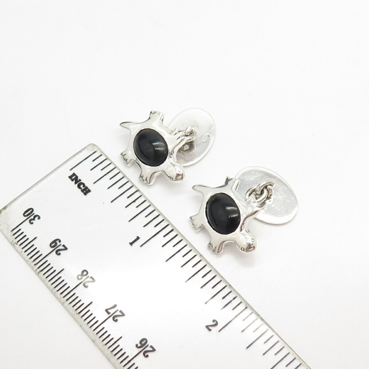 925 Sterling Silver Vintage Real Black Onyx Gem Tortoise For Good Luck Cufflinks