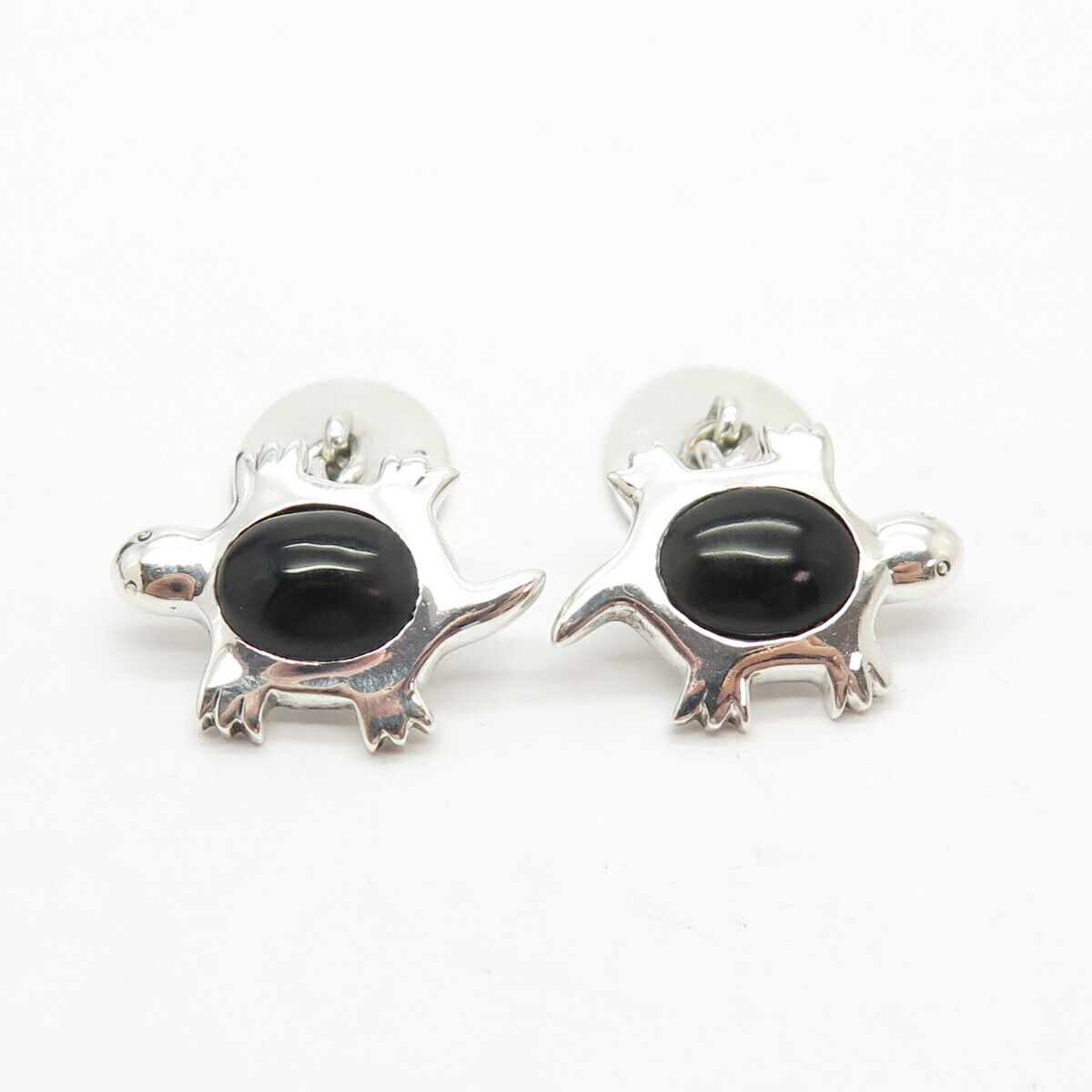 925 Sterling Silver Vintage Real Black Onyx Gem Tortoise For Good Luck Cufflinks