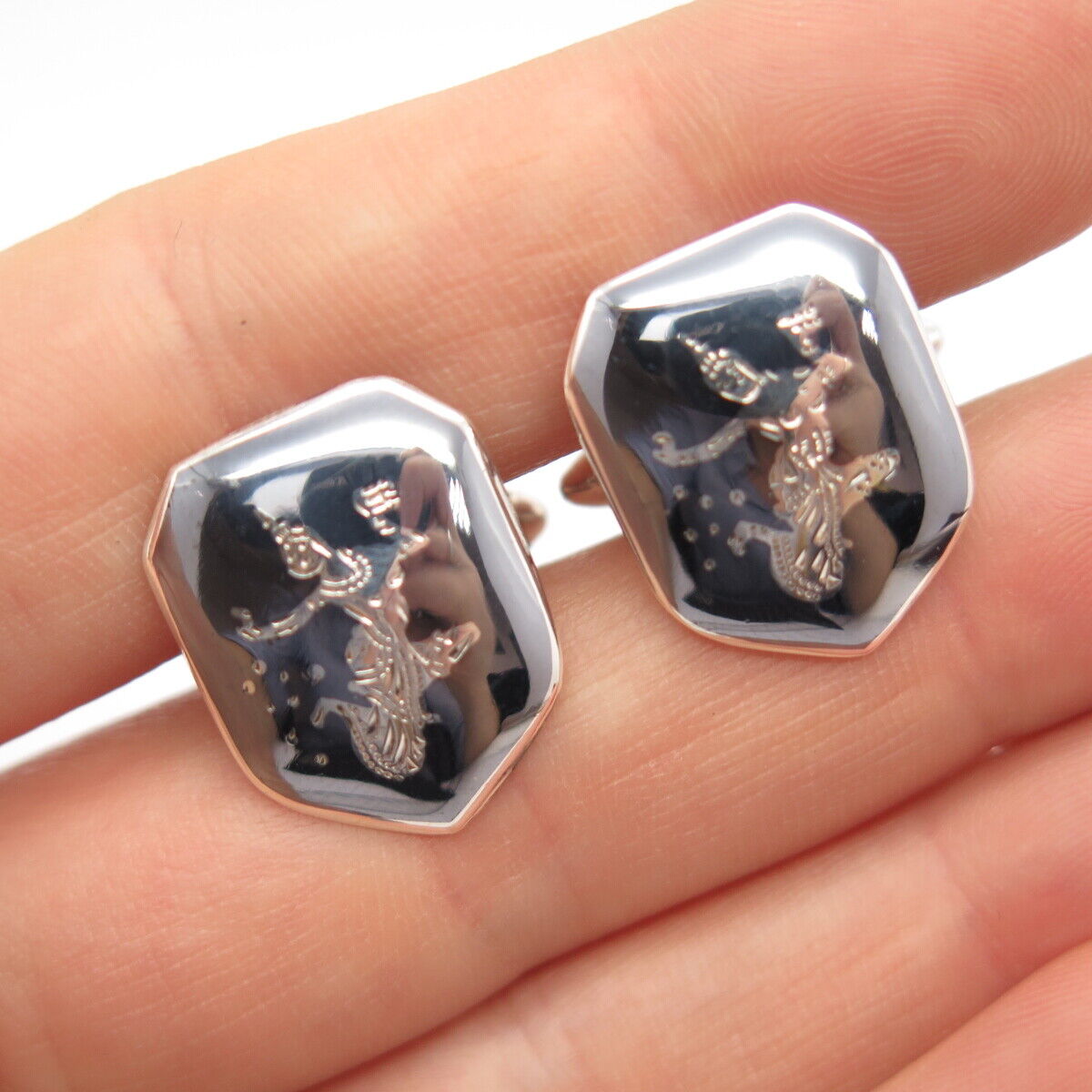 925 Sterling Silver Vintage Hematite Gem Siam Niello Hindu Goddess Cufflinks