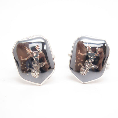 925 Sterling Silver Vintage Hematite Gem Siam Niello Hindu Goddess Cufflinks