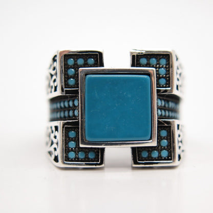 925 Sterling Silver Vintage Enamel Turquoise Gem Square Ethnic Ring Size 11 1/4