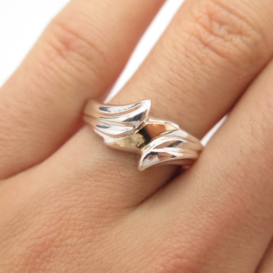 925 Sterling Silver 2-Tone Vintage Ribbed Leaf Ring Size 8