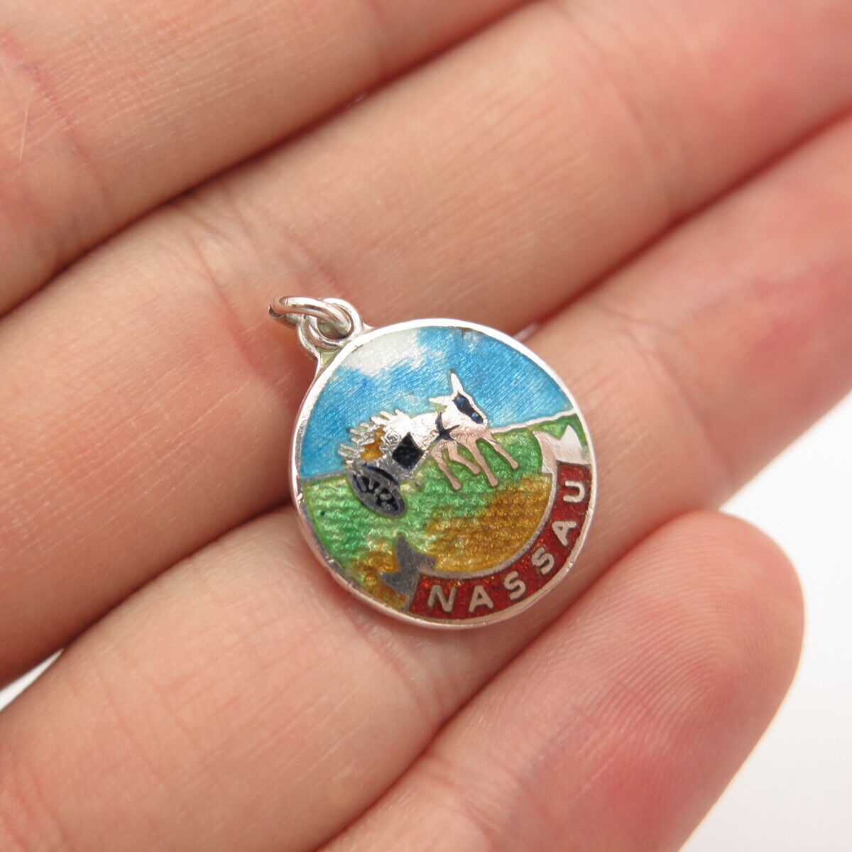 925 Sterling Silver Vintage BMCo Enamel Nassau Round Pendant