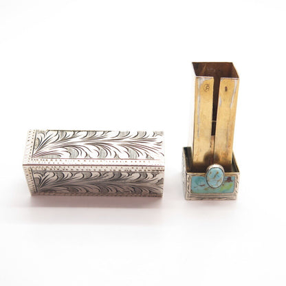 800 Silver Antique Italy Real Turquoise Gemstone & Enamel Ornate Lipstick Holder