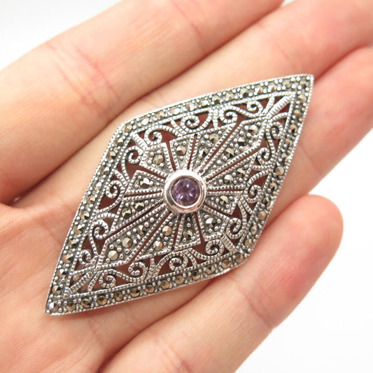 925 Sterling Silver Vintage Marcasite & Amethyst Gem Art-Deco-Style Pin Brooch