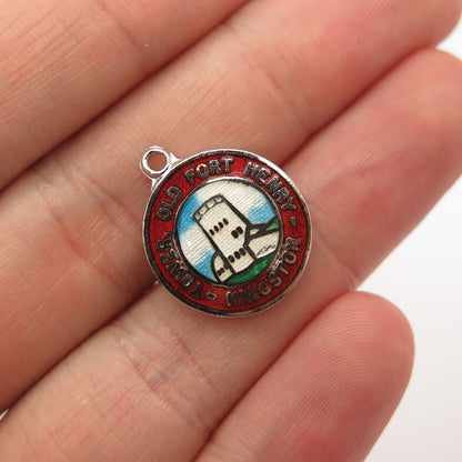 925 Sterling Silver Vintage Enamel Kingston Tower Old Port Henry Round Pendant