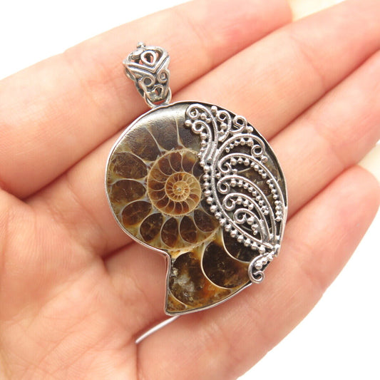 925 Sterling Silver Vintage Real Fossil Ornate Snail Pendant