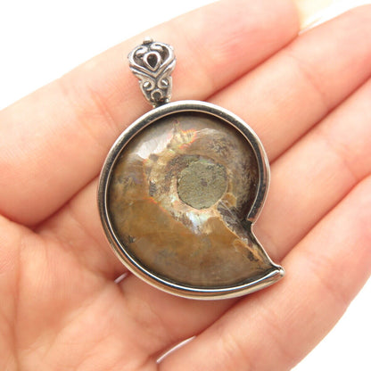 925 Sterling Silver Vintage Real Fossil Ornate Snail Pendant