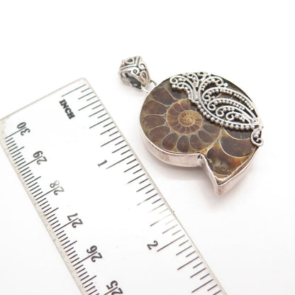 925 Sterling Silver Vintage Real Fossil Ornate Snail Pendant